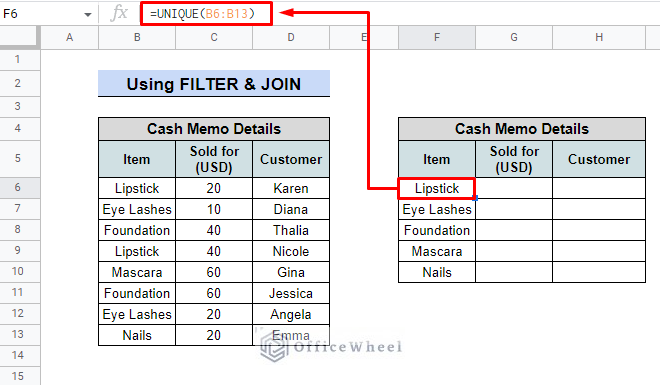 application of unique formula to remove duplicates